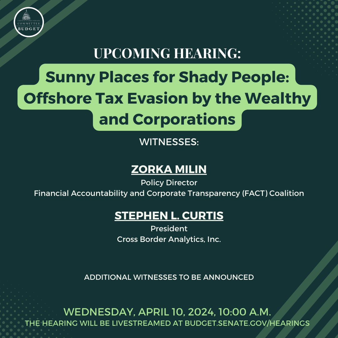 📢When billionaires and large corporations exploit offshore tax havens, everyone else foots the bill. @SenWhitehouse calls a hearing to examine the immense cost of offshore tax evasion to the federal budget.