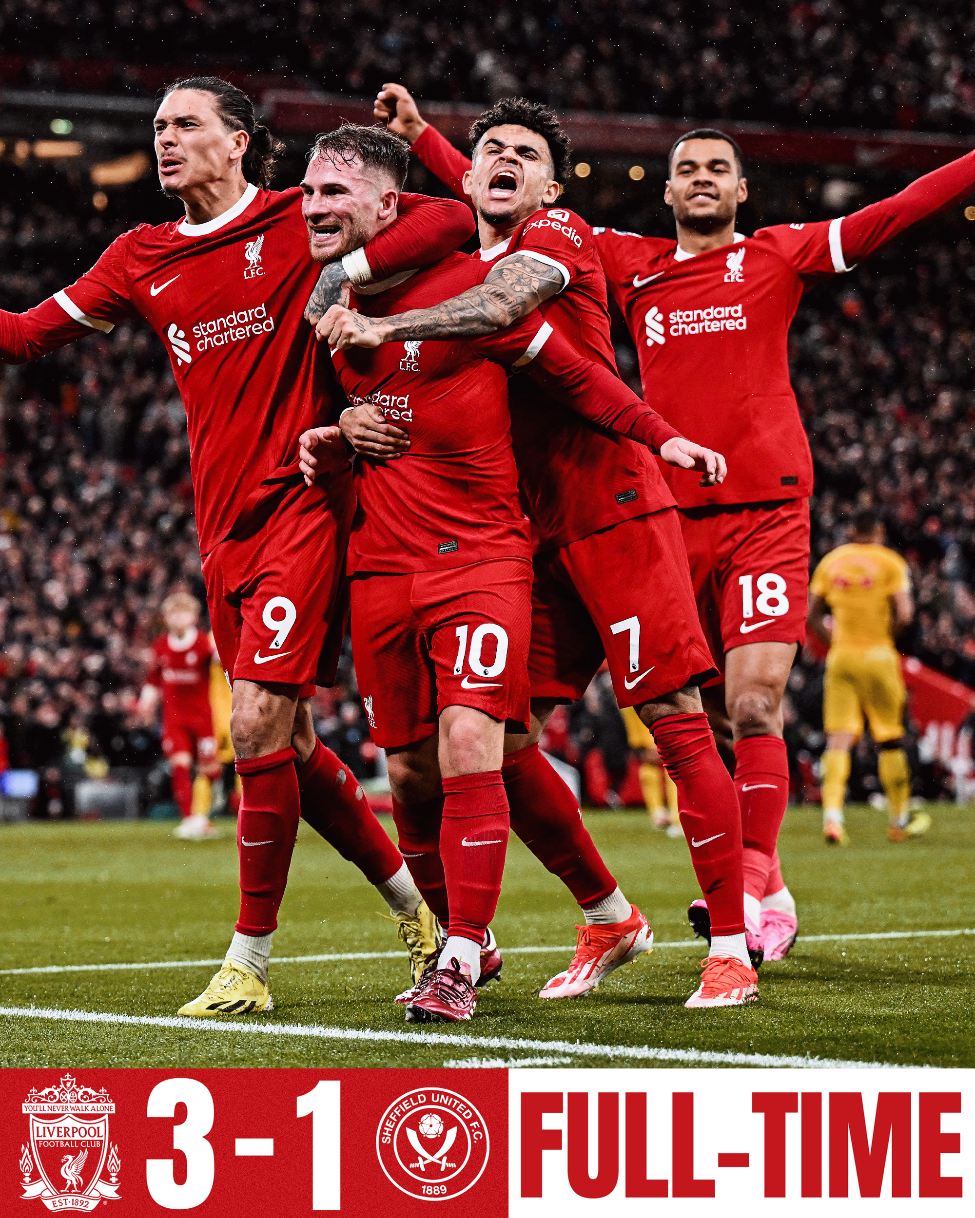 Full-time graphic for Liverpool vs Sheffield United.

The score at full-time is 3-1 to Liverpool.