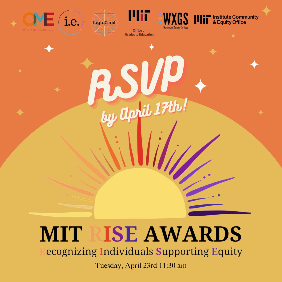 The RISE Awards - Recognizing Individuals Supporting Equity - is an opportunity to celebrate MIT faculty, staff and students on their work with diversity, inclusion and social justice on and off campus.  RSVP by April 17th via the link in our bio!