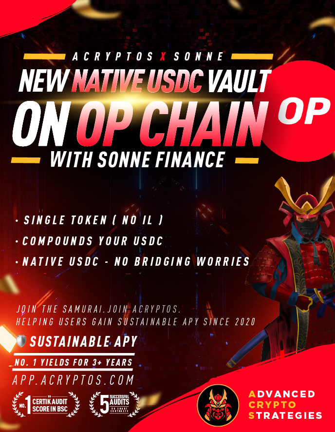 Native $USDC on @Optimism - no bridging risks. Our automated strategies achieving up to 58% APY on @SonneFinance 🔥 Find out how we use our low-risk strategy to obtain high-reward APY: docs.acryptos.com/products/vault… Talk about risk-reward ratio!
