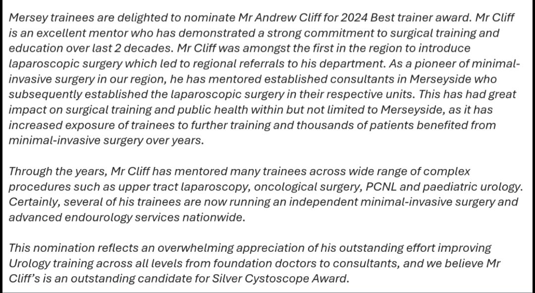 🌟We are thrilled to announce the winner of the @BAUSurology @KARLSTORZUK Section of Trainees Silver Cystoscope Award for Best Trainer - Mr Andrew Cliff of @WUTHnhs 🌟