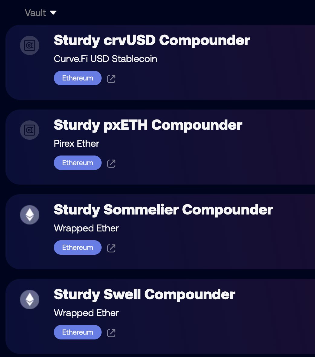 Sturdy's aggregators are now on @yearnfi 🧱 Yearn users can now gain exposure to Sturdy's @CurveFinance, @redactedcartel, @swellnetworkio, and @sommfinance aggregators in one click to earn up to 40% APR Head over to Yearn's V3 vault UI to ape in!