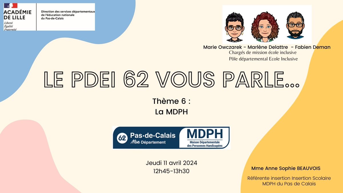 📆 SAVE THE DATE
Prochain Webinaire du #PDEI62 pour thème "La MDPH"
🤝 Partenaire essentiel pour la scolarisation des élèves en situation de handicap
Présentation de MDPH 62, de son fonctionnement (Les demandes, évaluations, notifications...)
RDV Jeudi 11 avril de 12h45 à 13h30
