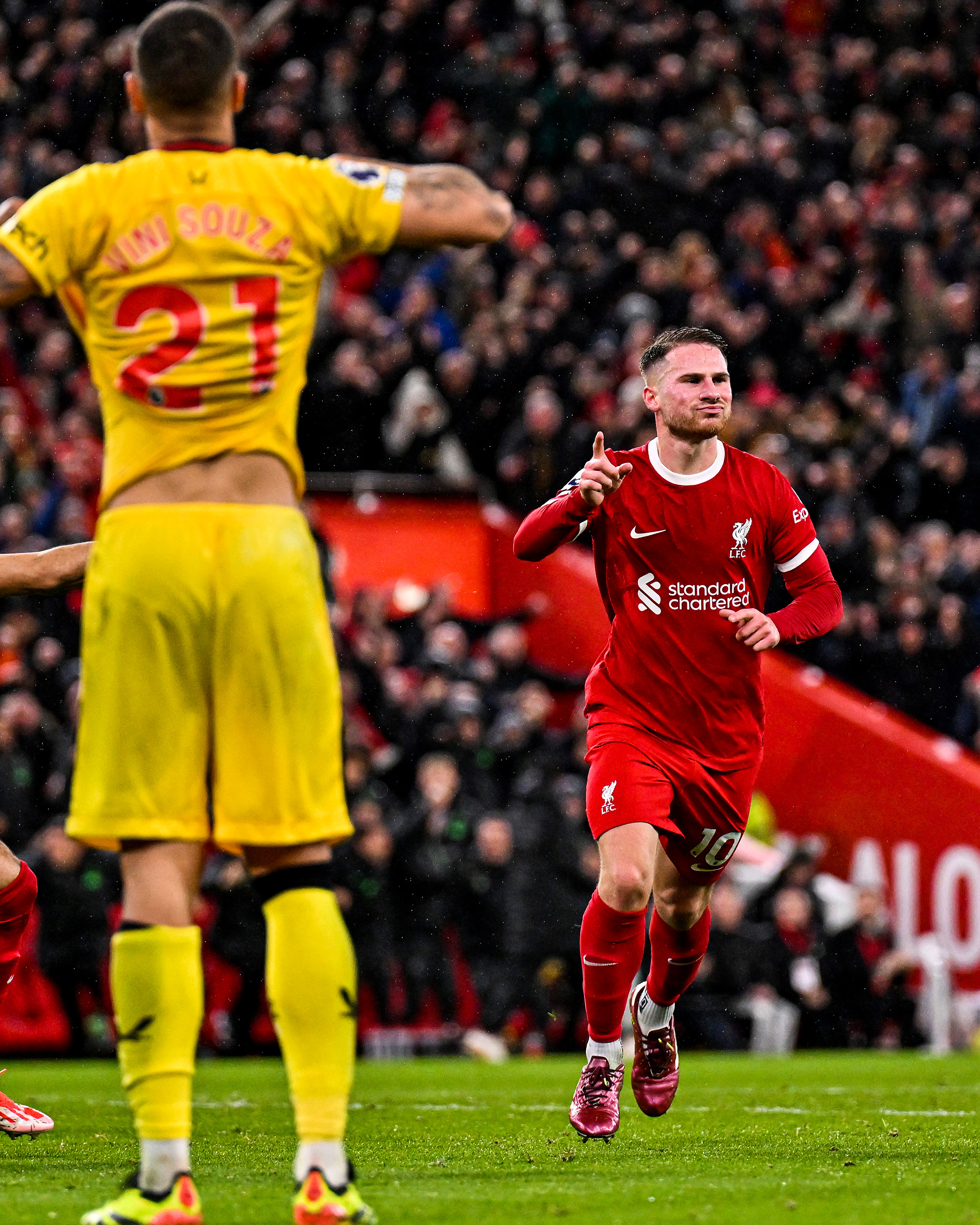 Photography of Alexis Mac Allister celebrating after scoring a goal during Liverpool vs Sheffield United.