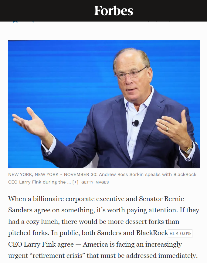 Both #LarryFink and #BernieSanders agree: America's retirement crisis is frightfully real, as the data repeatedly confirms. It's time for action, and there are bi-partisan solutions in Congress right now, as my latest piece describes... #retirement #pensions #SocialSecurity