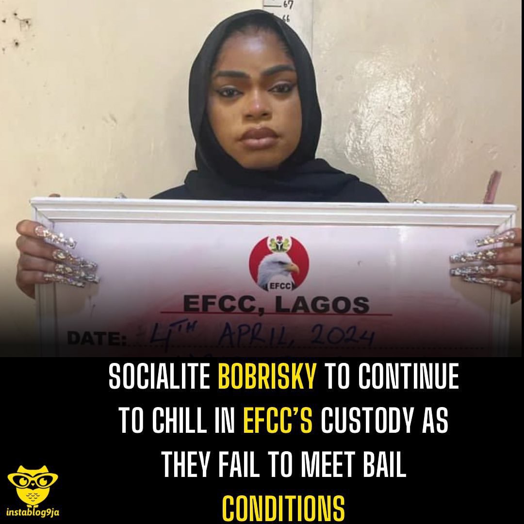 instablog9ja's tweet photo. Socialite Bobrisky to continue to chill in EFCC’s custody as they reportedly fail to meet bail conditions

Socialite Idris Okuneye has reportedly failed to meet the bail conditions granted him by the Economic and Financial Crimes Commission.

Idris, who’s popularly known as Bobrisky, was arrested and detained on Wednesday, April 3, by the Lagos State Command of the Commission over ab¥se of Naira, spraying of Naira notes, and currency mutilation. 

EFCC’s spokesperson, Dele Oyewale, told newsmen on Thursday evening that Bobrisky has been granted administrative bail but yet to meet bail conditions.