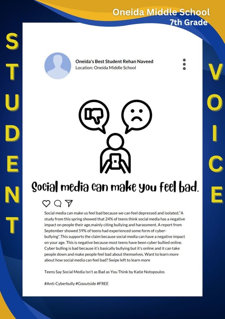 Oneida Middle School 7th grade social media campaign. Student message: 'If you are not careful, social media can make you feel bad.' A study showed that 24% of teens think social media has a negative impact on their peers. #Oneida7thgradersrock #studentvoice #anti-cyberbully