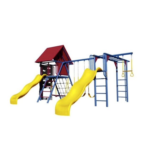 The Lifetime Double Slide Big Stuff Deluxe Swing set is constructed from powder-coated steel and UV-protected polyethylene plastic so it's heavy-duty and weather protected against rusting and fading. Designed with a dozen activity stations to keep a yard full of children enter...