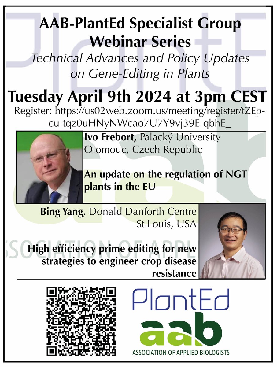 We are delighted to announce the return of @COST_PlantEd webinars; looking at important topics related to plant genome editing! 📅 April 9th 3pm CEST > Bing Yang: Prime Editing in crop disease resistance > Ivo Frebort: Updates on EU NGT regulations! us02web.zoom.us/meeting/regist…