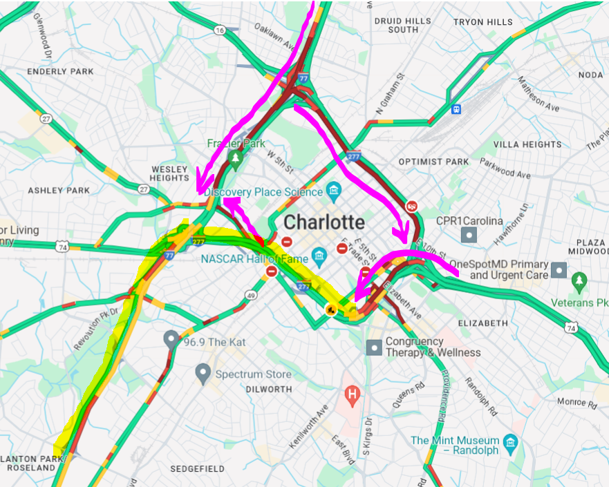 Clt_TrafficGuy's tweet image. 💢TraffiCast™
Here's the current map of Uptown.  The closures aren't showing up, but the are there.  Hopefully, traffic will be moving again soon.
#VPVisit #Charlotte_Traffic #Clt #NC #SC