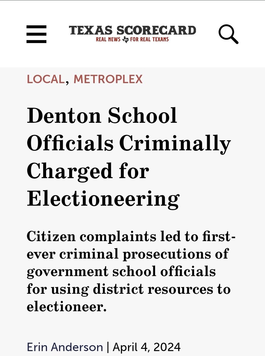 BREAKING: 'Citizens’ complaints have led to criminal prosecutions of two Denton ISD administrators for illegal electioneering, marking the 𝐟𝐢𝐫𝐬𝐭 𝐭𝐢𝐦𝐞 Texas school officials have been held criminally liable for using district resources to electioneer.' #txlege