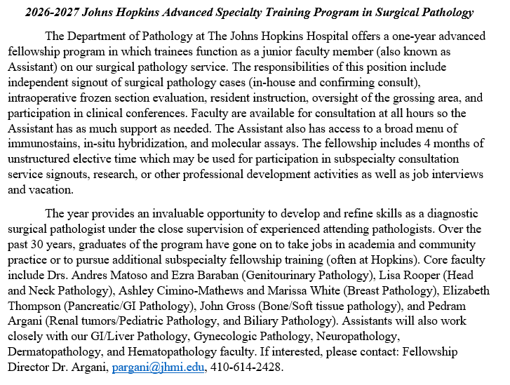 JHU Path is recruiting for our 2026-2027 surgical pathology fellowship, which offers trainees the opportunity to independently sign out cases in a highly supported setting. Applications may be submitted now and acceptances are on a rolling basis until the program is filled.
