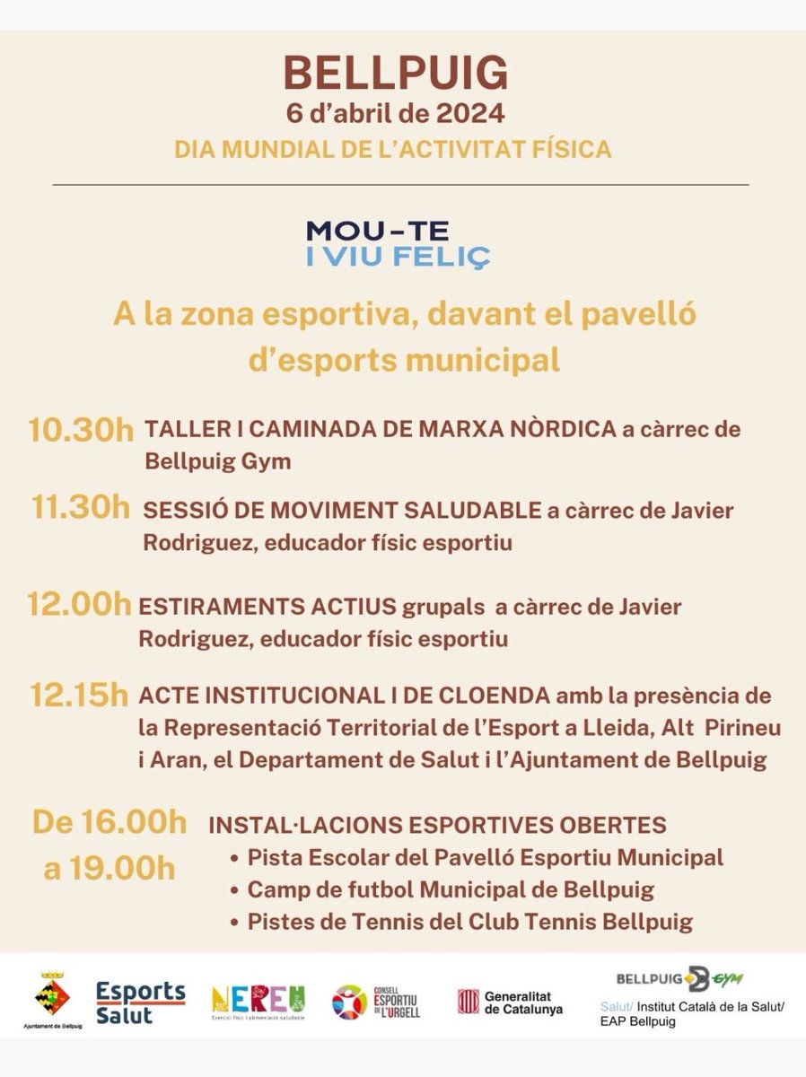 LuRavetllat's tweet photo. 🔊Aquest dissabte celebrem el Dia Mundial de l’Activita Física 🎉🎉🎉
📆 6 d’abril 
📍Bellpuig 
Tota una jornada dedicada a promoció de la Salut a través de l’Esport! 
🤾‍♀️🏓🤸🏻🎾🧘‍♀️🏈🏋️‍♀️🛼
☑️ No hi falteu‼️#MouteiViuFeliç
@esportcat @govlleida @BellpuigAj @EsportiuL @UCECcat https://t.co/T2AB0DWSBp