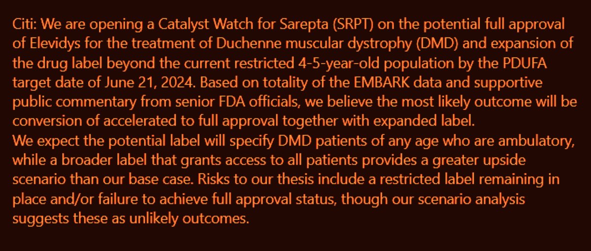 Citi open a Catalyst Watch for $SRPT (Buy/$172) 'on the potential full approval of Elevidys for the treatment of Duchenne muscular dystrophy (DMD) and expansion of the drug label beyond the current restricted 4-5-year-old population by the PDUFA target date of June 21, 2024:'