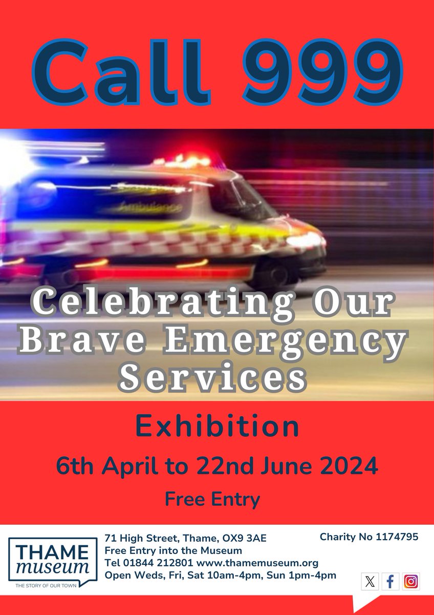 🚒 GRAND OPENING ON Saturday 6th April at Thame Museum of our new Exhibition 'Call 999' celebrating Thame's Emergency Services and their history. 🚒 FIRE ENGINE & Firefighters from Thame Fire Station will be AT THAME MUSEUM from 10AM! Bring all the family along! 😁 #ThameMuseum