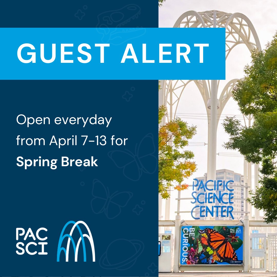 #GuestAlert 🌷 Please note that @PacSci will be open everyday from April 7-13 from 10 a.m. - 5 p.m. for Spring Break. Make unforgettable memories with your family, while exploring PacSci’s hands-on science exhibits. Buy advance tickets and SAVE at pacificsciencecenter.org.