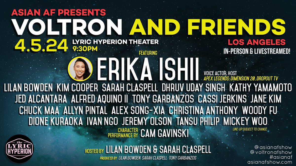 VOLTRON & FRIENDS COMES TO @LyricHyperion ON FRI. 4/5 @ 9:30PM! If you live in LA, come watch in-person! Not in LA? We’ll be LIVE-STREAMING this show! Improv. Special Guests. Characters. And more Improv! Don’t wait - Grab your tickets now! BUY TICKETS 🎟️: eventbrite.com/e/asian-af-pre…