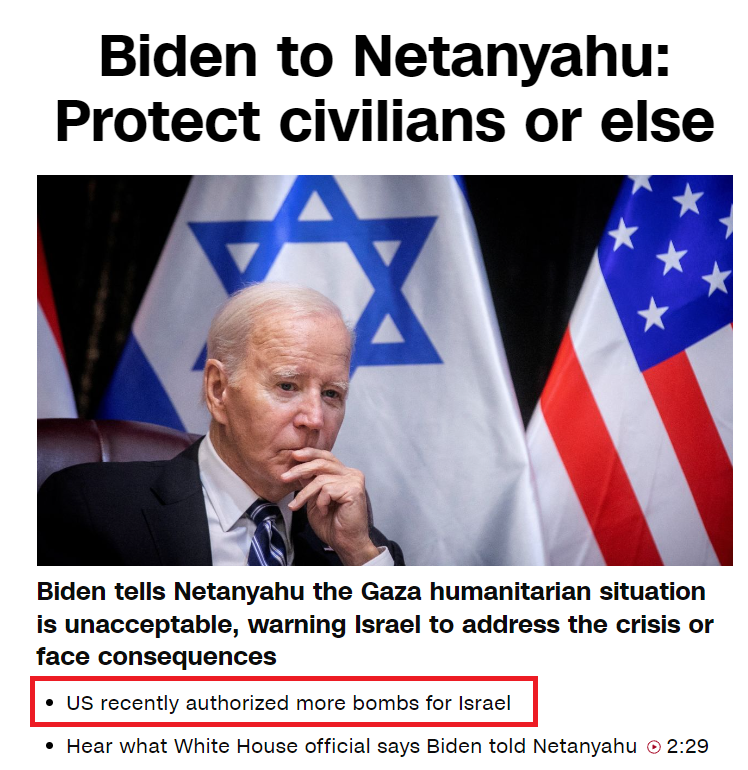Protect civilians or else what exactly? Is Biden threatening to wag his finger sternly as the US gives Israel another 1000 bombs to slaughter more innocent people?