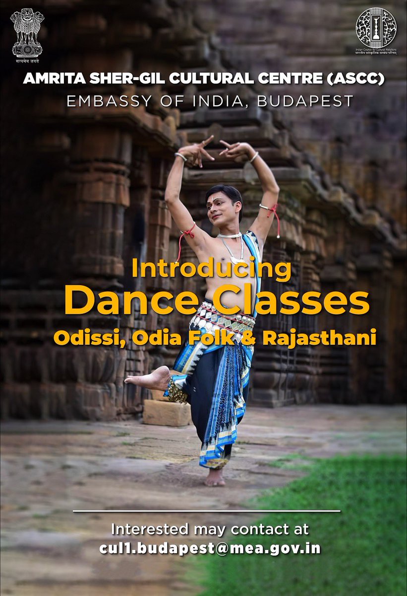 Amrita Sher-Gil Cultural Centre (ASCC) organises Dance classes in the field of Odissi, Odia folk and Rajasthani by Mr Aniruddha Das (India based Odissi Dance Teacher) !!

Interested may join the classes at ASCC, Budapest.

@iccr_hq @IndiaInHungary @ktuhinv