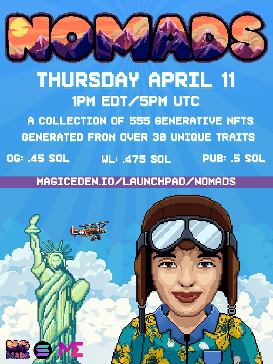 Nomads mint info sheet hot off the press! 📰

⏲️ When: Thurs, April 11 @ 1pm EST / 5pm UTC
🏝️ Where: magiceden.io/launchpad/noma…
🤖 What: 555 generative NFTs leveraging x3 base characters with 30 unique traits, alongside x3 1/1s

0.45 Sol for OG; 0.475 for WL; 0.5 for Public