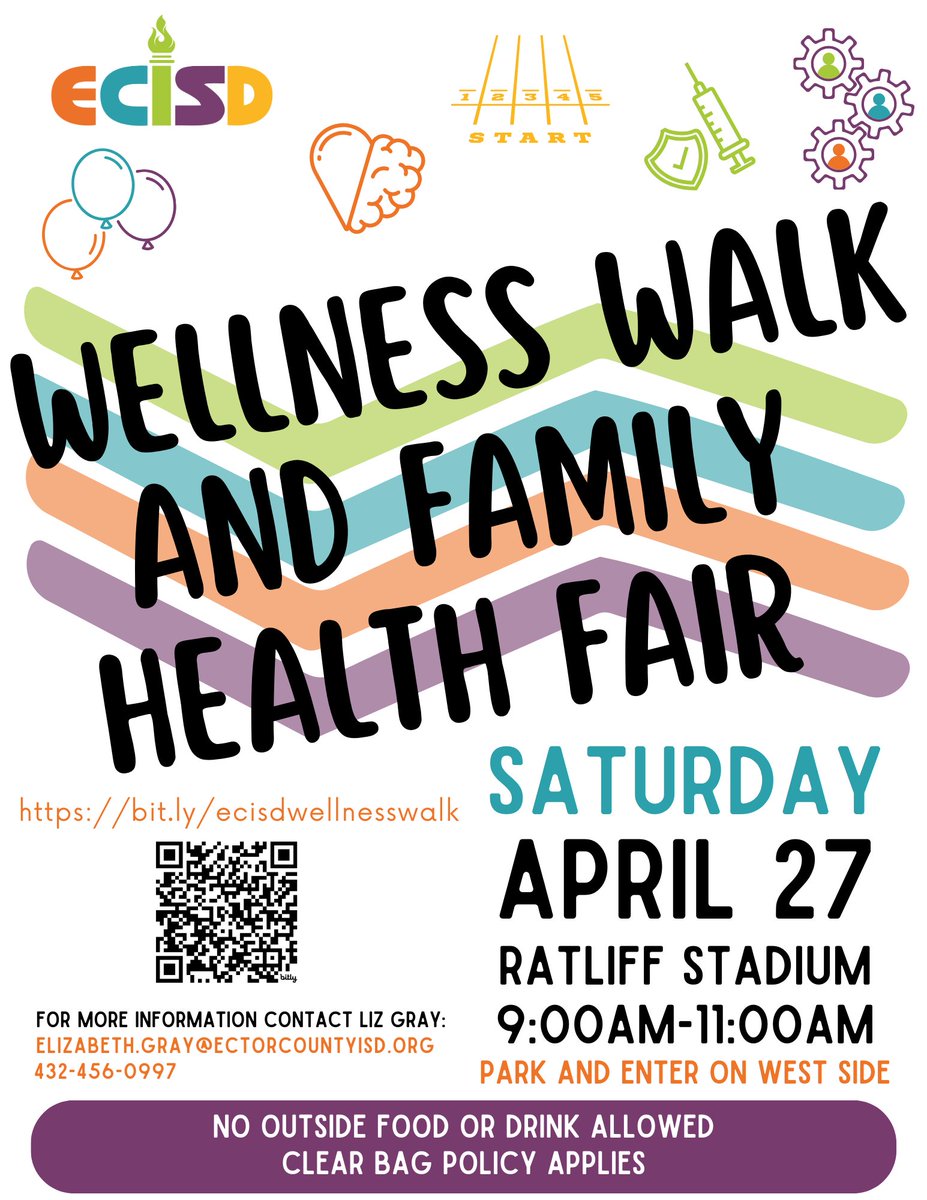 Mark your calendars! After visiting the @EFOdessa and @ECISD_EarlyEd Bookworms Literacy Festival, join us at Ratliff for a Wellness Walk and Family Health Fair!