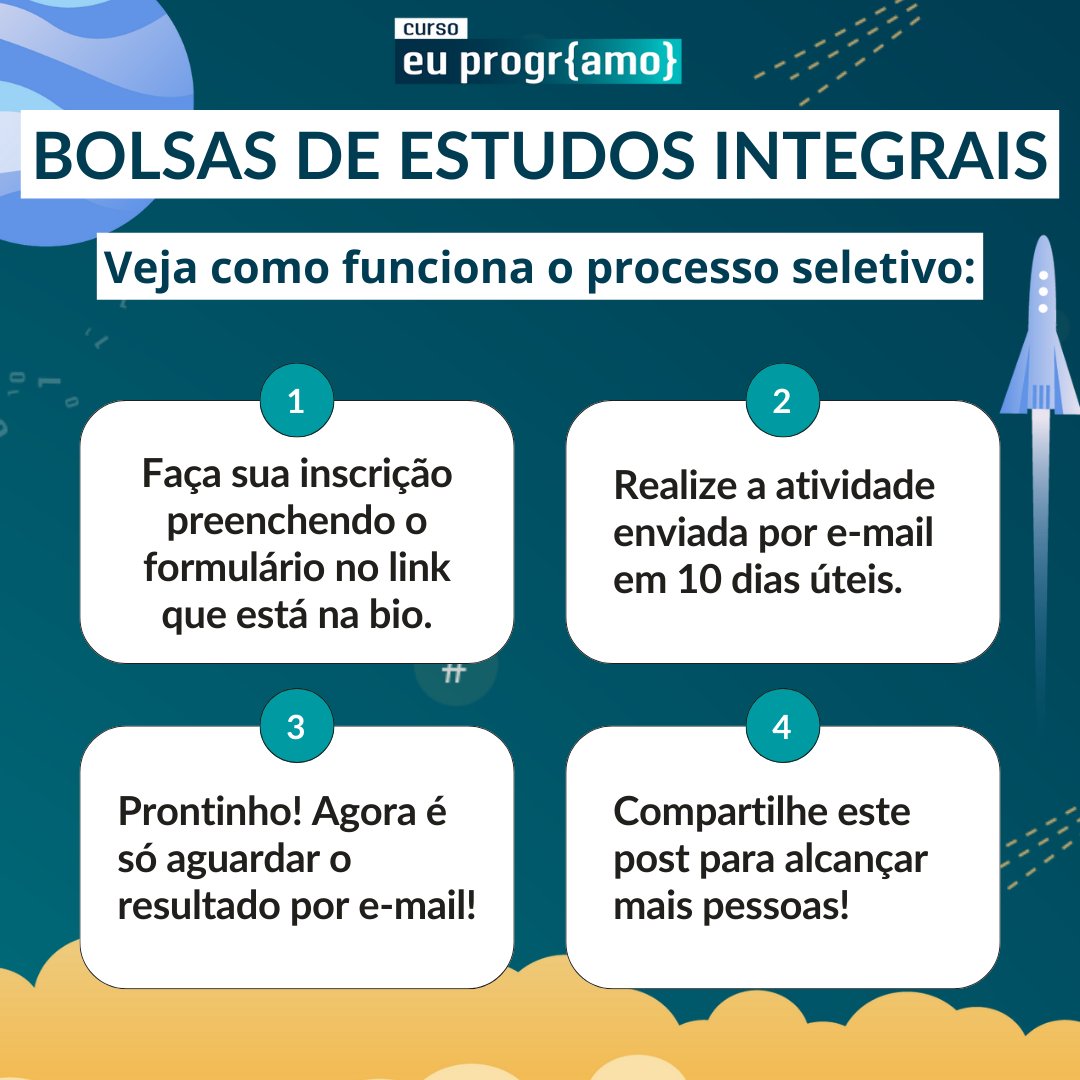 programaria's tweet image. 🚀 Abril mal começou e já temos novidades: o processo seletivo de bolsas para os cursos #EuProgrAmo está aberto!

👩🏽‍💻Inscreva-se até 15/4 para participar ainda este mês!

🔗bit.ly/processodebols…

Marque aquela amigue que quer aprender a programar!