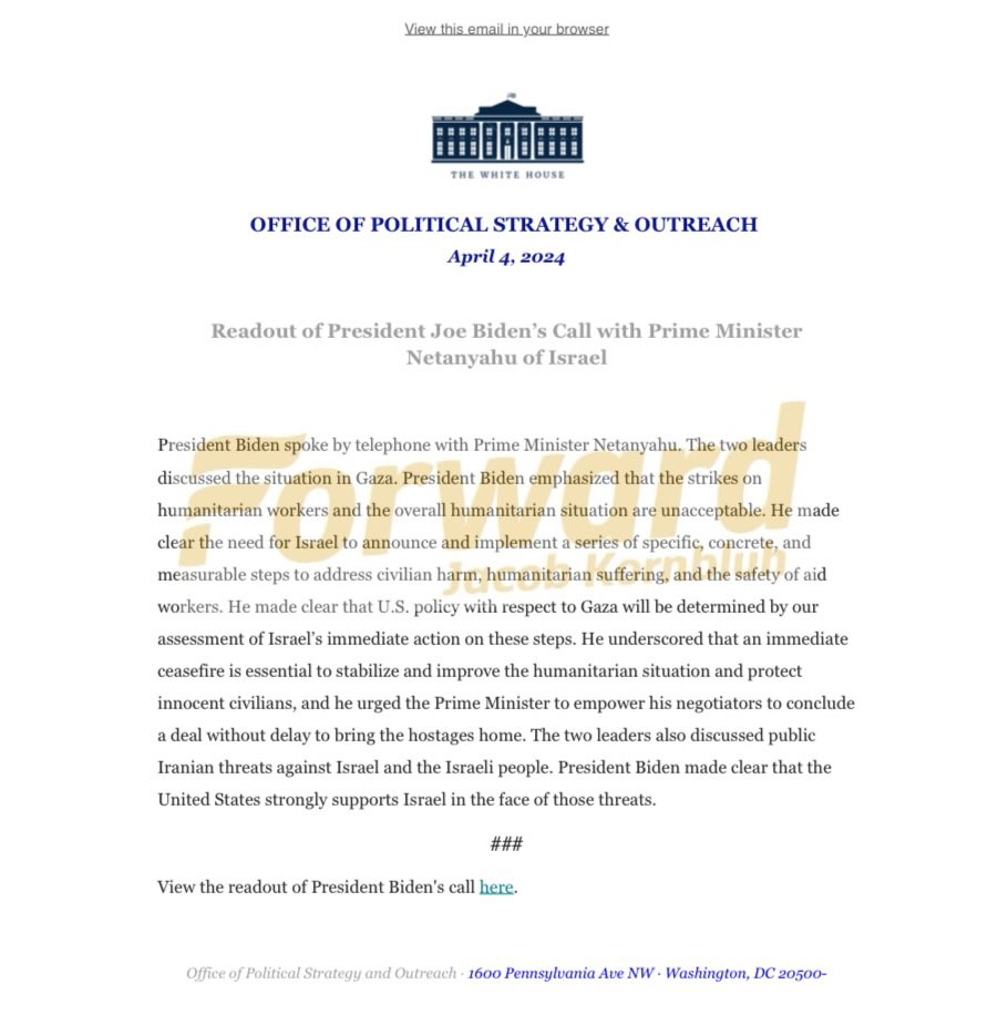 👀 White House shared the readout of Biden-Netanyahu call today to the “political strategy” mailing list. Reader, who shared email, said this seems to be first time the office sent out a foreign policy related call readout ⬇️