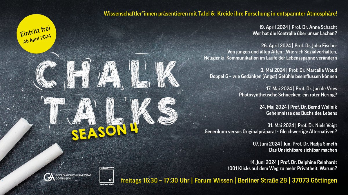 Die 'Chalk Talks' sind zurück im #ForumWissen! Wir freuen uns auf Wissenschaftler*innen vom Göttinger Campus und kurzweilige Einblicke in ein breites Spektrum an topaktuellen Forschungsthemen. 💡 forum-wissen.de/kalender/