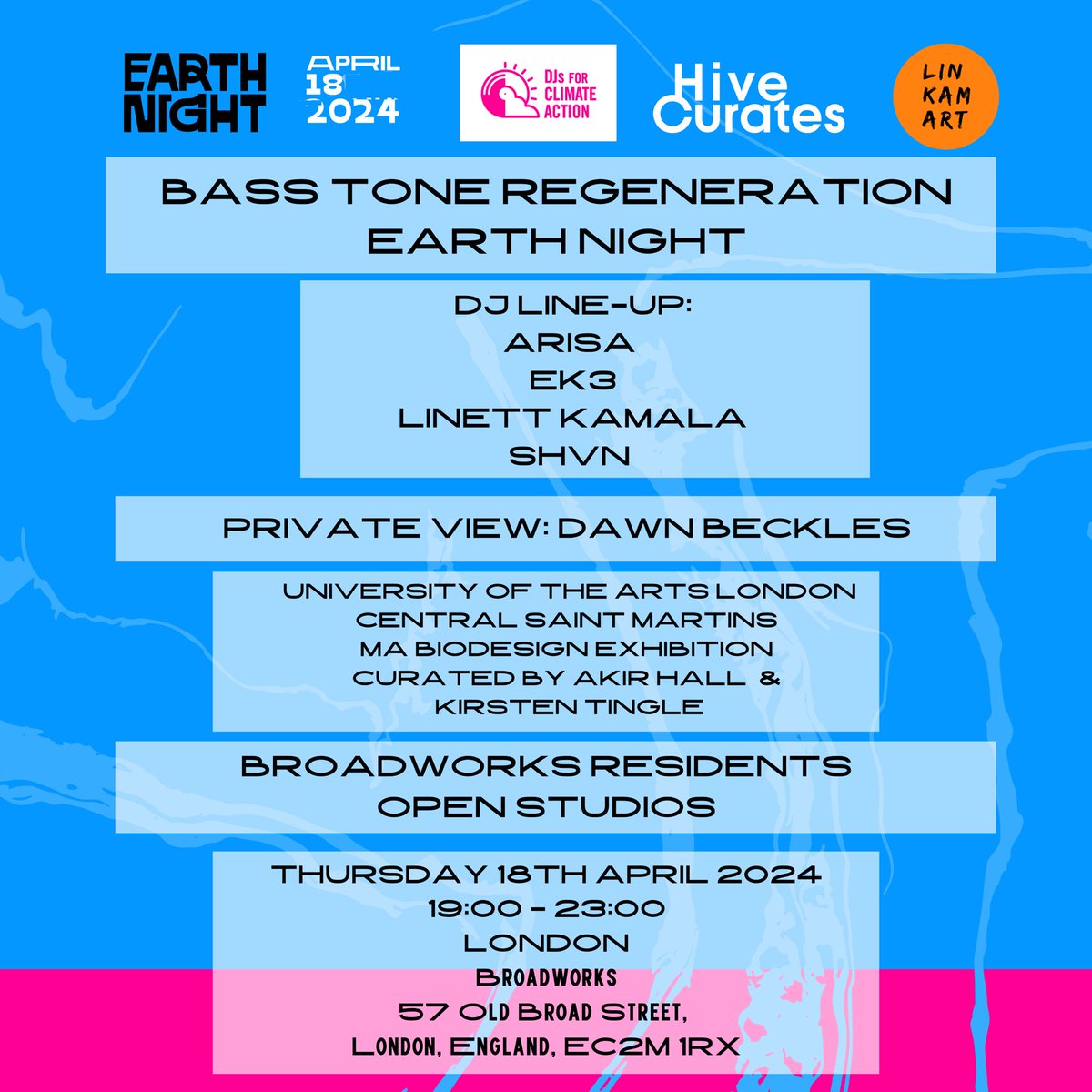 🚨EXCITING ANNOUNCEMENT! BASS TONE REGENERATION: EARTH NIGHT 🌍 🔊🌱by @lin_kam_art with Hive Curates as part of @DJs4CA Thurs 18 Apr ‘24 - 19:00-23:00 Broadworks, 57 Old Broad Street, London, EC2M 1RX Tickets: designmynight.com/london/whats-o…