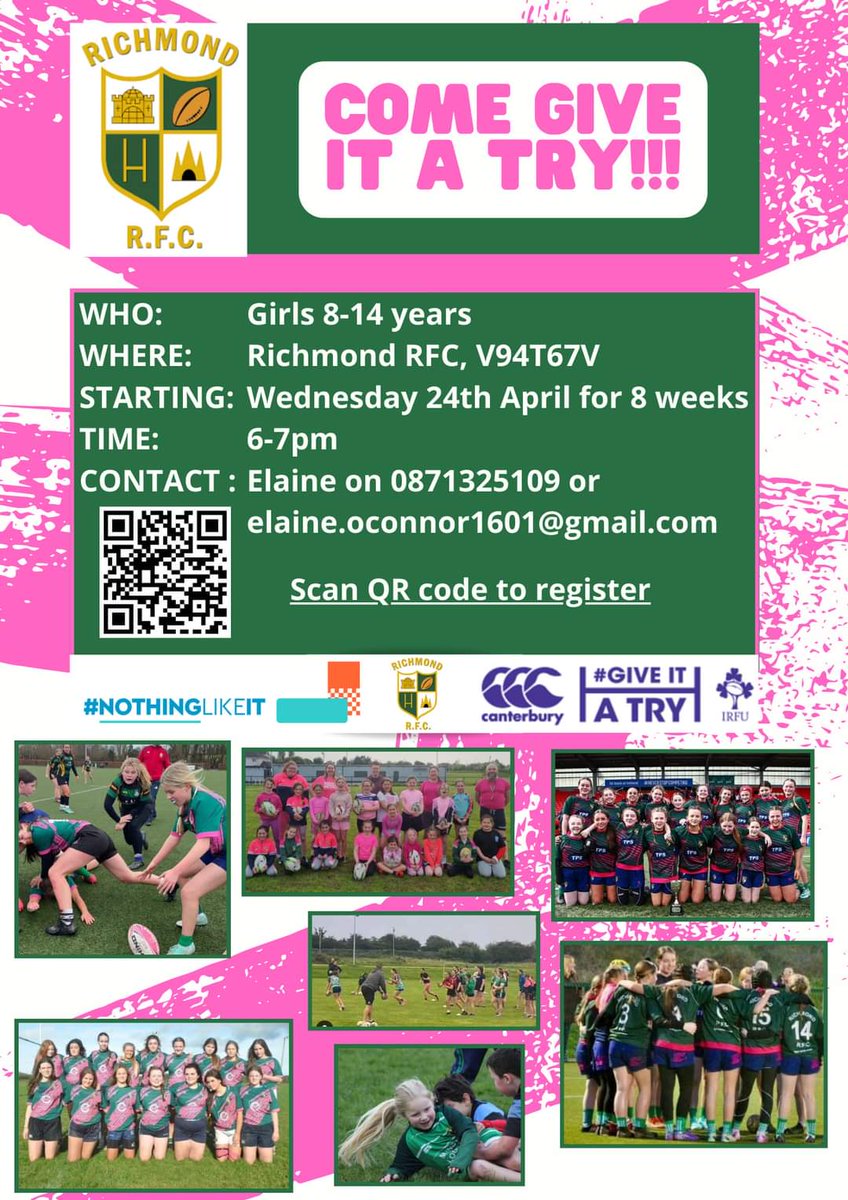 RichmondRFC's tweet photo. GIAT is starting in the club on the 24th of April 2024 for 8 weeks. All girls aged between 8 and 14 are welcome down 💚💚 https://t.co/5dX3AMTgZj