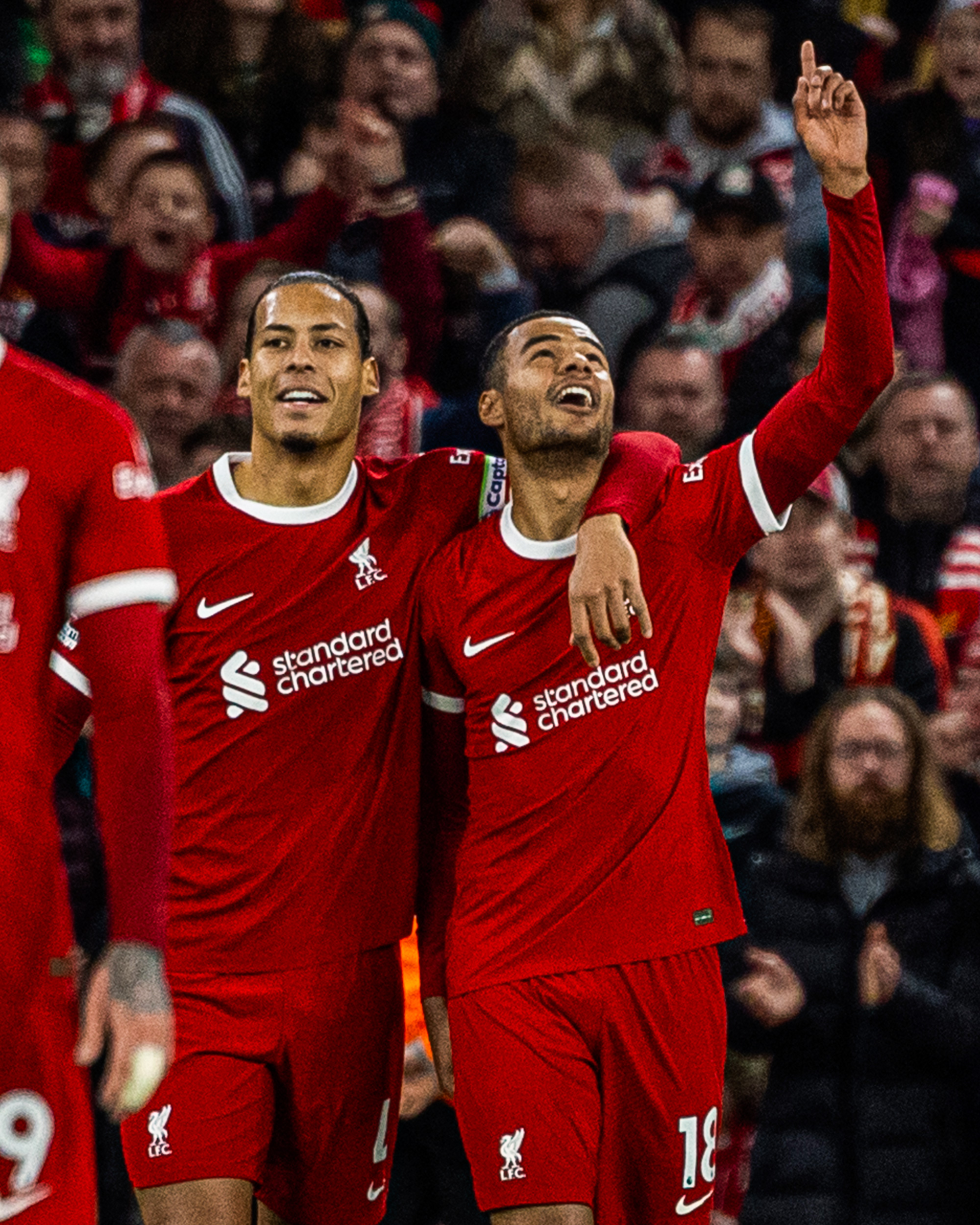 Photography of Cody Gakpo celebrating with Virgil van Dijk after scoring during Liverpool vs Sheffield United.