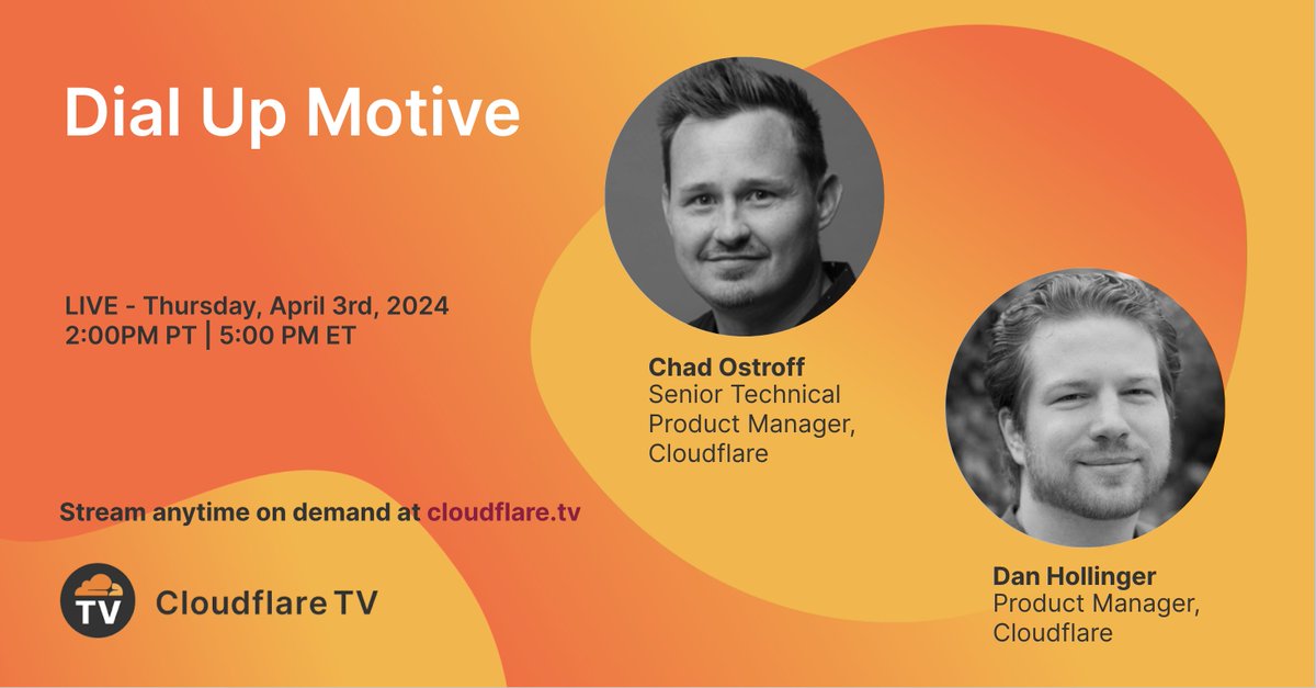 A fresh Dial Up Motive is here with host Dan Hollinger (@SomethingSubtle) and guest Chad Ostroff from Cloudflare’s product team. Stream their conversation about first-time encounters with the #Internet and tech journeys now →cloudflare.tv/shows/dial-up-… #CloudflareTV #DialUpMotive…