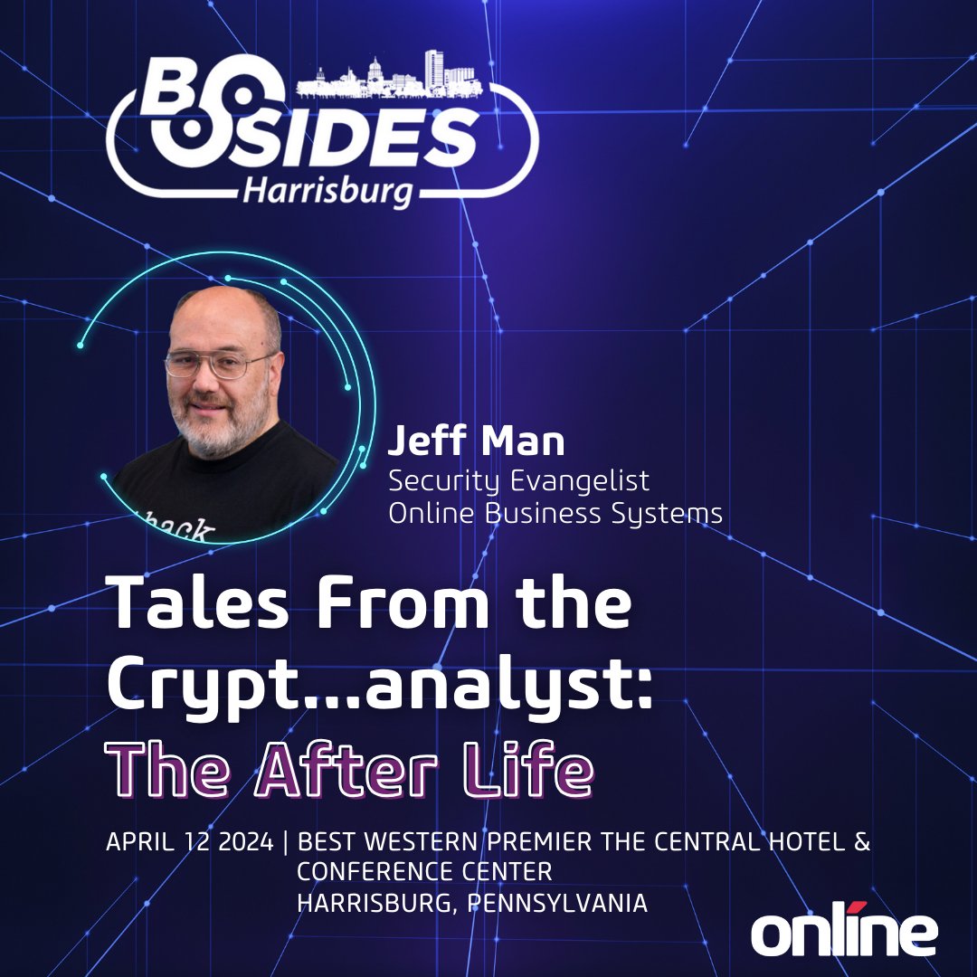 obs_global's tweet photo. Have you heard that Online's @MrJeffMan is the opening keynote for @BsidesHbg next week?!?
His session "Tales From the Cryptβ¦analyst: The After Life"Β is a story of his experience as a #Cryptologist and the early days of Information Security Consulting.
https://t.co/IORrRPfCqr https://t.co/0fY4PebaQH