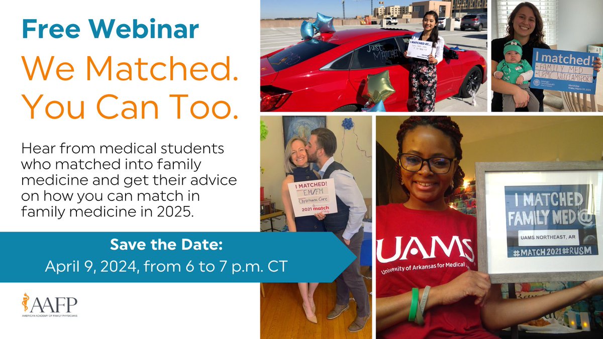 Thinking ahead to #MatchDay2025? Join this free webinar to get advice and insights from medical students who matched into family medicine this year. Register and join us for “We Matched. You Can Too.” at 6 p.m. CST on April 9: bit.ly/4aiAZrL
