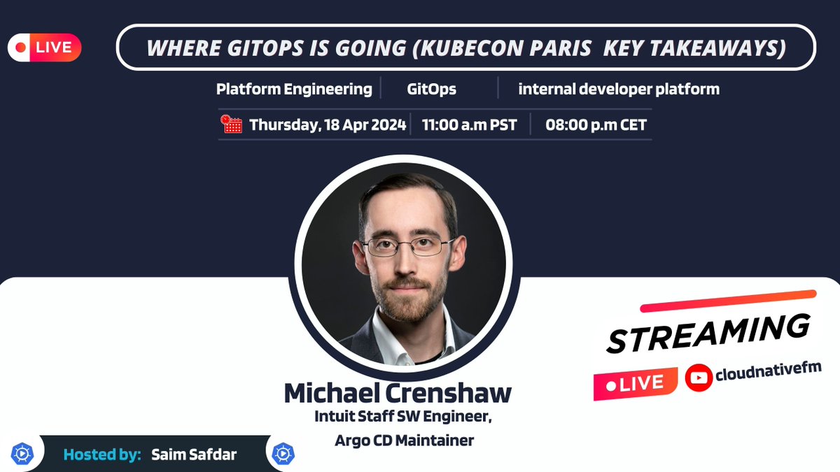 Time to resume @cloudnativefm with @crenshawdotdev Michael will share his experience developing IDPs and some lessons learned, GitOps experience for users of @Intuit's IDP. KubeCon Paris key takeaways (GitOps for developers & more...) Bookmark: youtube.com/watch?v=PWXDfJ…