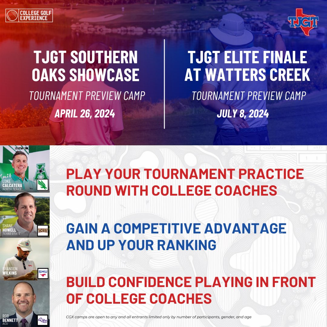 We are excited to announce 2️⃣ college golf camps this summer in conjunction with TJGT events at Southern Oaks in April and Watters Creek in July! 

For more info about the Tournament Preview Camps hosted by our partner, College Golf Experience, go to: collegegolfx.com 🔗
