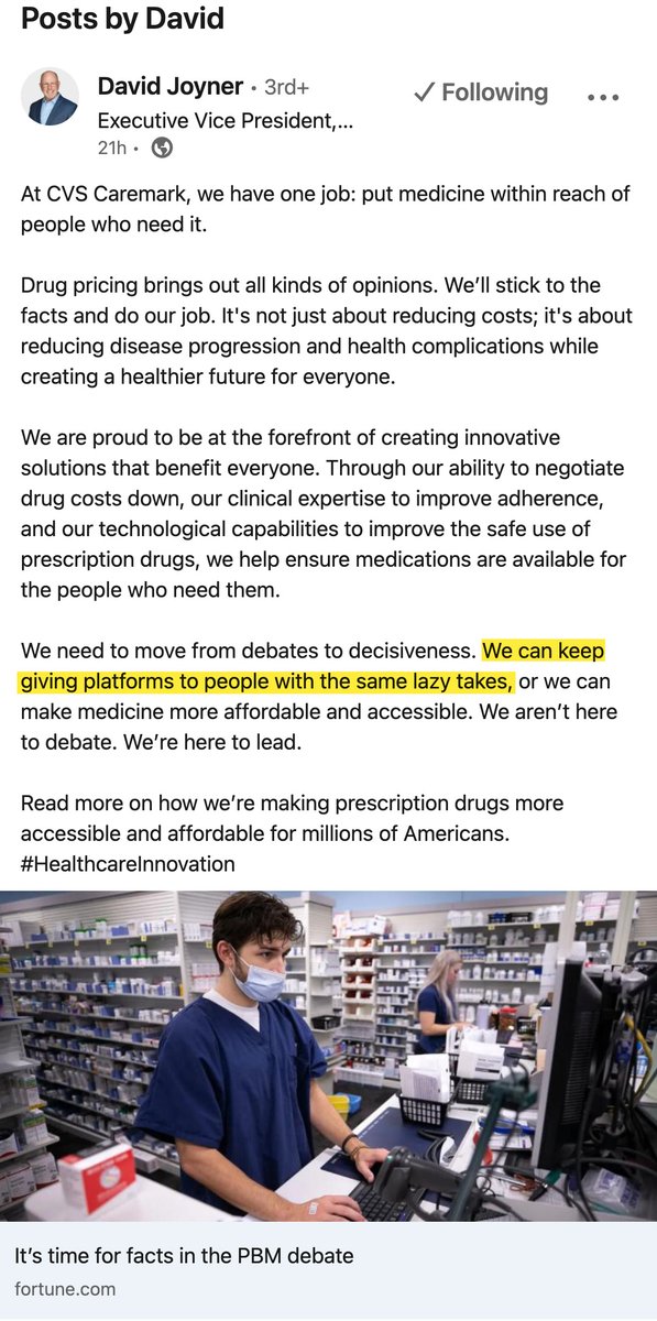 He said the quiet part out loud. @CVSHealth executive refers to criticism of #PBMs as 'lazy.'