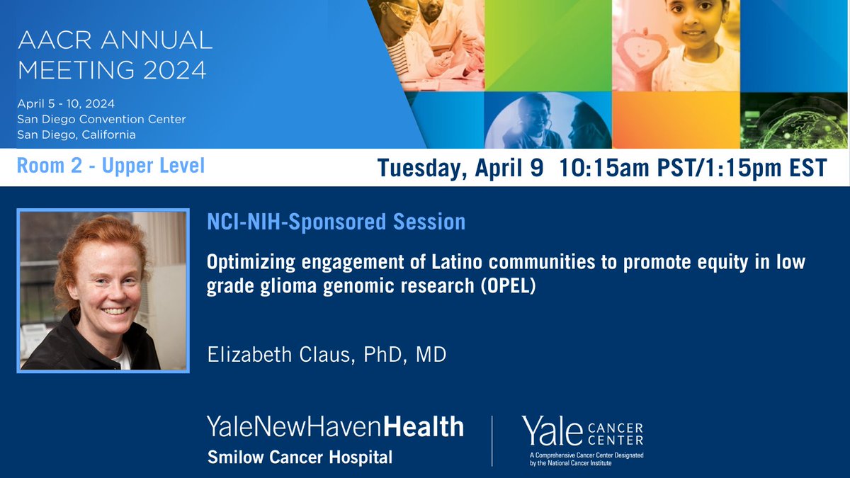 Dr. Elizabeth Claus will share an update on #OPEL, Optimizing engagement of #Latino communities to promote equity in low grade #glioma genomic research, in a @theNCI @NIH Sponsored Session at 10:32am PST/1:32pm EST. abstractsonline.com/pp8/#!/20272/s… @SmilowCancer @YaleMed @YNHH @YaleSPH