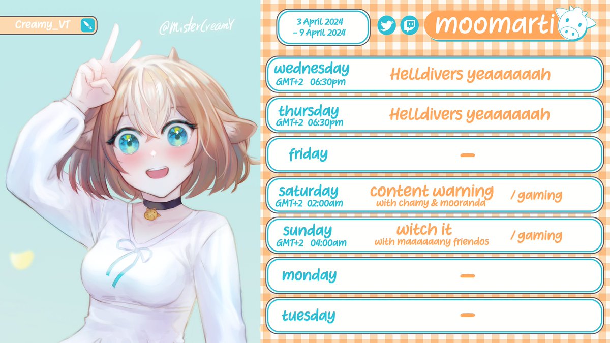 ok before i forget to upload again heres the schedule of this week OvO me having two collabs this weekend, gonna be fun