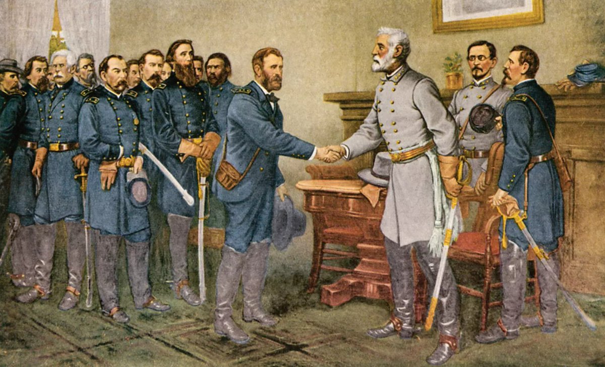 #OTD in #History, 1865, Lee surrendered at Appomattox, effectively ending the #CivilWar. But Grant “felt like anything rather than rejoicing at the downfall of a foe who had...suffered so much for a cause, though that cause was...one of the worst for which a people ever fought.'