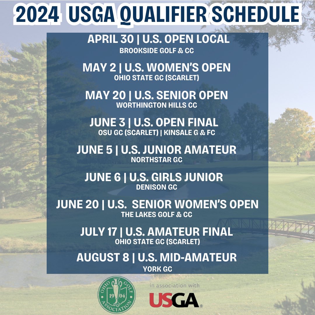 The 2024 USGA Qualifier schedule is here!

The Ohio Golf Association is excited to host nine USGA Qualifiers throughout this season.

For registration information and other details, click the link below ⬇️ 

🔗 ohiogolf.org/events/usga