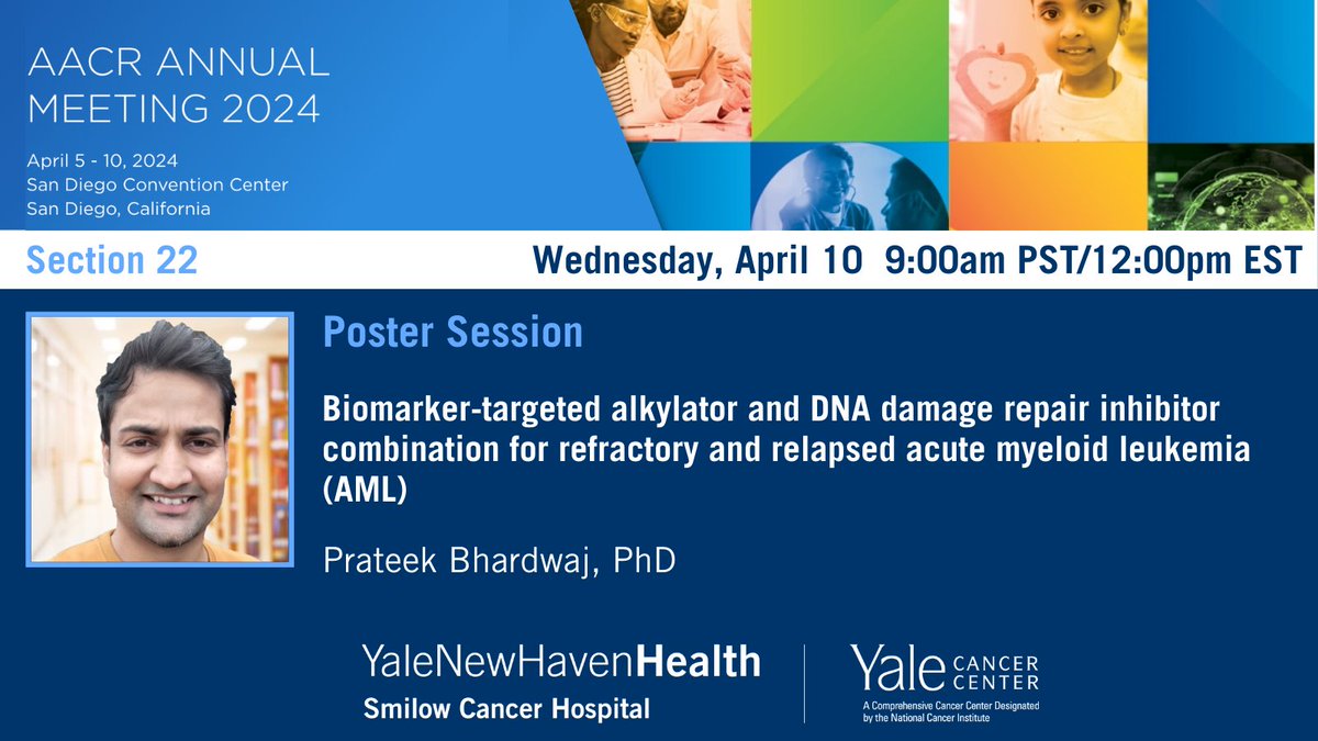 Today at 9am PST/12pm EST in Section 22, Dr. Prateek Bhardwaj will present research data on novel biomarker-targeted therapy for patients with #acutemyeloidleukemia. #AACR24 #AML abstractsonline.com/pp8/#!/20272/p… @SmilowCancer @YaleMed @YNHH @Halene_lab @ranjitbindra