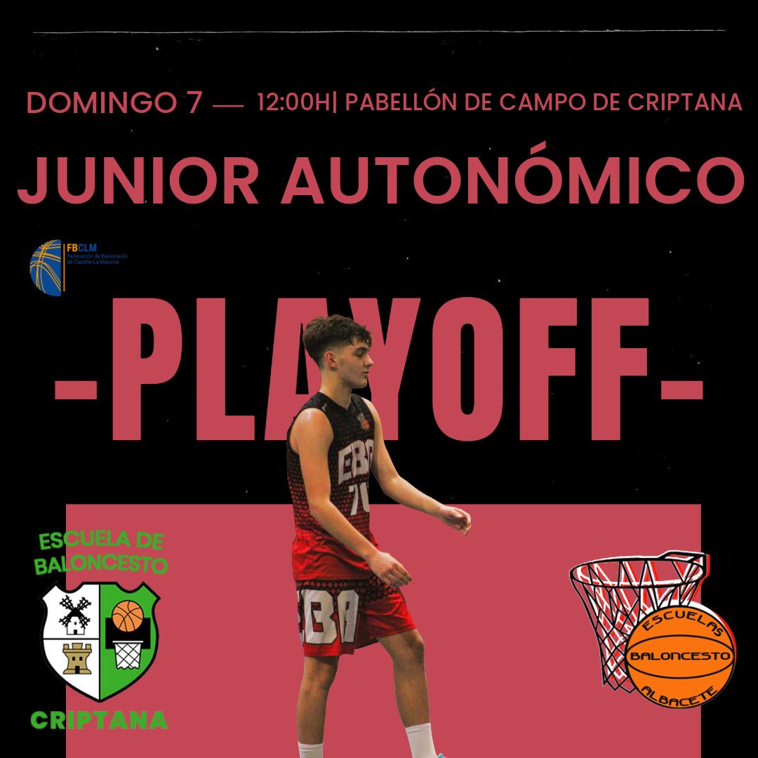 EBA_Albacete's tweet photo. 🏀 Play off partidos junior
Ambos equipos masculinos en pleno Play Off con partido en casa del junior zonal:
#JunZonal
🆚 Basket Iniesta Academy
📆Sábado 6
⏱️ 18:00h
🏟️Parque Sur
#JunAutMasc
🆚 @BCriptana
📆Domingo 7
⏱️ 12:00h
🏟️ Pabellón de Campo de Criptana
#masebaquenunca https://t.co/fL6pgARBDs
