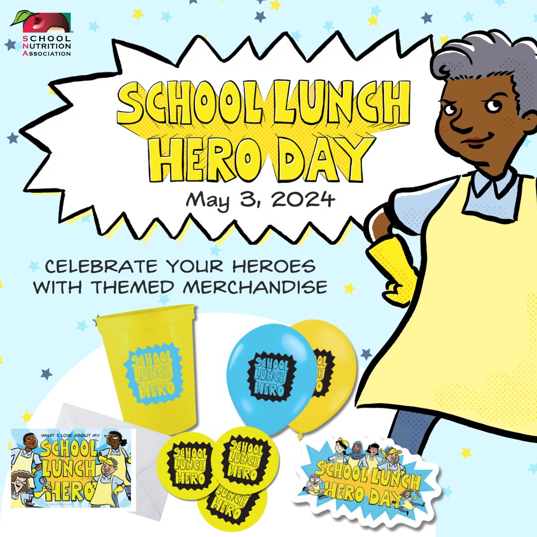 🗓️ REMINDER! 💪 School Lunch Hero Day 💪 is just around the corner which means it’s time to order your #SLHD24 merch from the SNA Shop. Join the celebration on May 3, 2024. Shop everything from pens and balloons to t-shirts and aprons. 🔗 bit.ly/SNAshopslhd