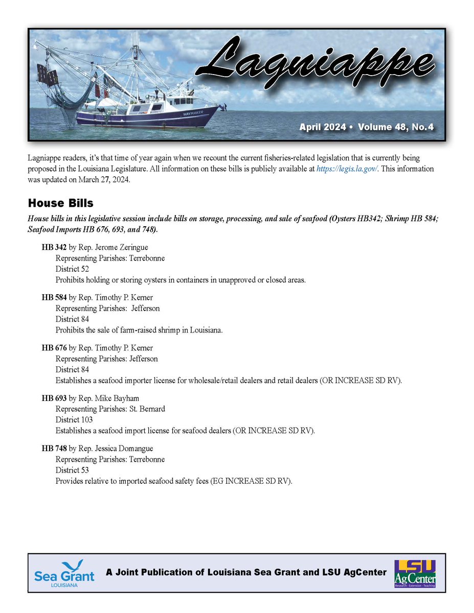 The April 2024 edition of Lagniappe is here! Topics include current fisheries-related legislation being proposed in #Louisiana, a few updates from @LDWF, season openings and closures, and more. View the full issue at laseagrant.org/communications…