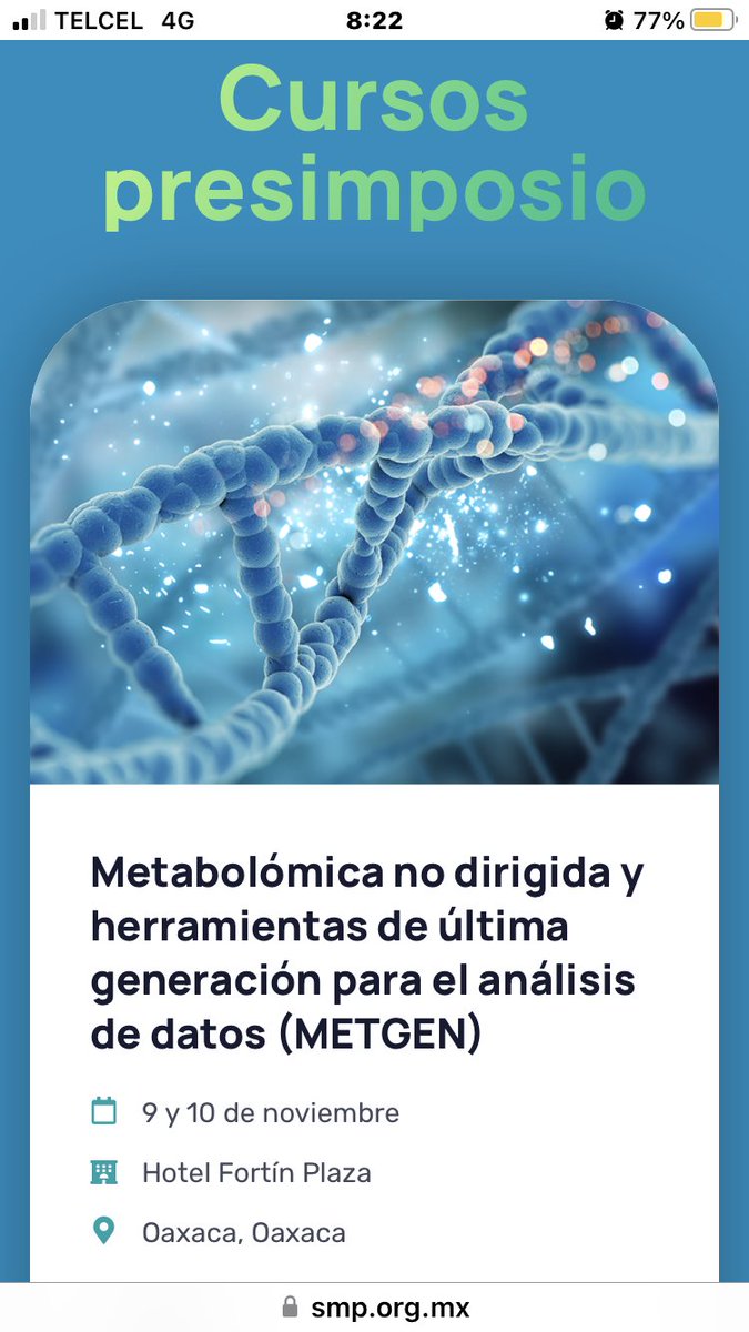 Próximamente 2do Taller METGEN en <a href="/hfortinplaza/">Hotel Fortin Plaza Oaxaca</a>, Oaxaca, Oaxaca parte del Simposio de la <a href="/SocMexPro/">Sociedad Mexicana de Proteómica, A. C.</a> 
!Inscripciones abiertas!
#metabolomics #chemoinformatics

smp.org.mx/9simposio/