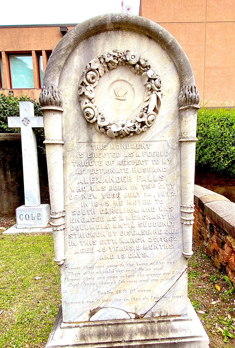Born in New York in 1812, Alexander Falls married Sarah Leydard. They moved to Columbia, SC in 1845 where he was a merchant. He died of “bilious colic” in 1862 at age 49. Buried in Trinity Episcopal Cathedral Cemetery in Columbia, SC.

A butterfly means rebirth or resurrection.