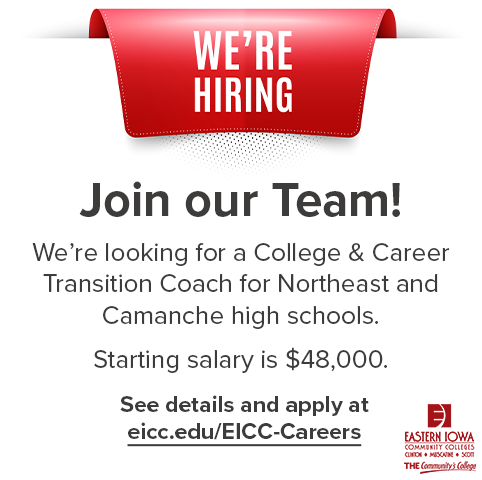 We're looking for a College & Career Transition Coach for Northeast and Camanche at our Clinton Community College campus. Starting salary is $48,000. See details and apply online at eicc.peopleadmin.com/postings/1868 

#THECommunitysCollege #Hiring #ChooseClintonIowa #HigherEdJobs