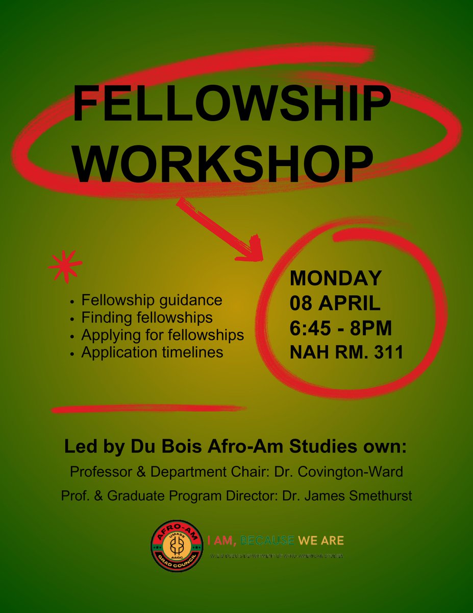Please join us Monday, April 8 at 6:45pm for a workshop with Dr. Covington-Ward and Dr. Smethurst about applying for fellowships. Learn about the databases, best practices, and next steps for these important sources of funding and opportunity.