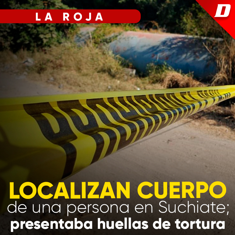 DiarioChiapas's tweet photo. 🚨🖤✝️#NotaRoja | Localizan cuerpo de una persona en Suchiate; presentaba huellas de tortura

Hasta el momento se encuentra en calidad de desconocido

M de R / Diario de Chiapas

#Suchiate, #Chiapas. – Gran movilización policíaca y de servicio periciales causó el hallazgo del cuerpo de una persona sin vida.

Los hechos ocurrieron alrededor de las 8:30 de la mañana sobre el camino de terracería que conecta el Ejido 15 de Abril con la Ranchería Tres Hermanos.

Hasta el momento el occiso vestía pantalón y playera negra, y está en calidad de desconocido.

Vía telefónica la policía solicitaron la intervención de peritos forenses, quienes determinaron que el cuerpo sería trasladado al servicio médico forense en el #EjidoÁlvaroObregón, municipio de Tapachula, para su análisis y autopsia correspondiente.

Por estos lamentables hechos la Fiscalía General del Estado (#FGE) ha iniciado una carpeta de investigación por el delito de homicidio calificado en contra de los responsables, cuya identidad aún se desconoce. | #DiarioDeChiapas

📲 https://t.co/0k0gsgpJhW